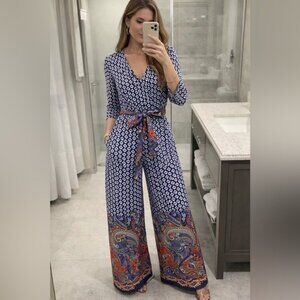Vibe Sportwear Paisley Wide Leg Jumpsuit Blue Red Size Small NWT